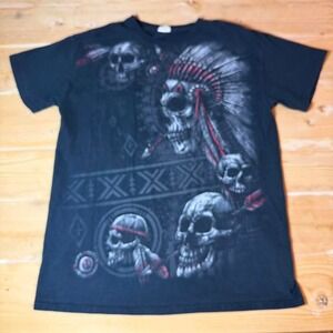 Vintage Skull Chief Graphic Tee — Black Red All Over Print